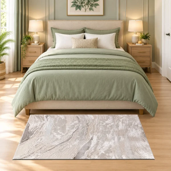 Jeze Abstract Rug Beige 80 x 150 cm Jeze Beige abstract rug 80 x 150 cm, medium pile with jute backing, in a living room