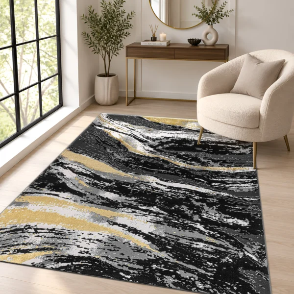 Jeze Black abstract rug 120 x 170 cm, medium pile with jute backing, in a living room