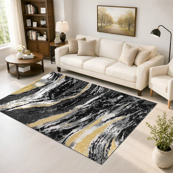 Jeze Abstract Rug Black 160 x 230 cm Jeze Black abstract rug 160 x 230 cm, medium pile with jute backing, in a living room