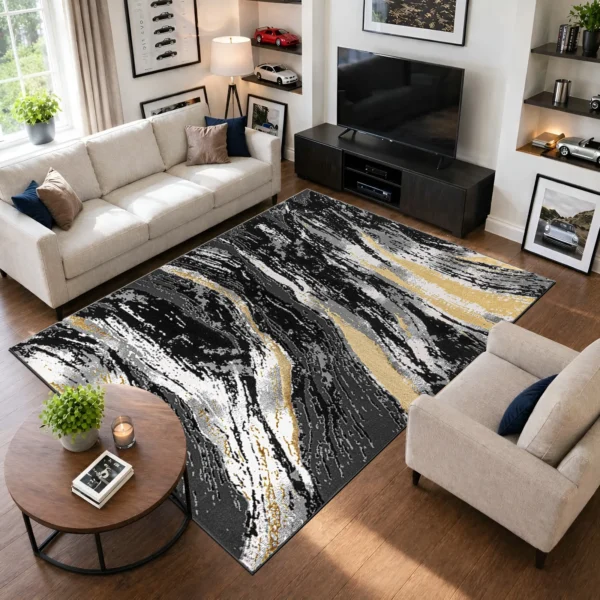 Jeze Abstract Rug Black 200 x 290 cm Jeze Black abstract rug 200 x 290 cm, medium pile with jute backing, in a living room