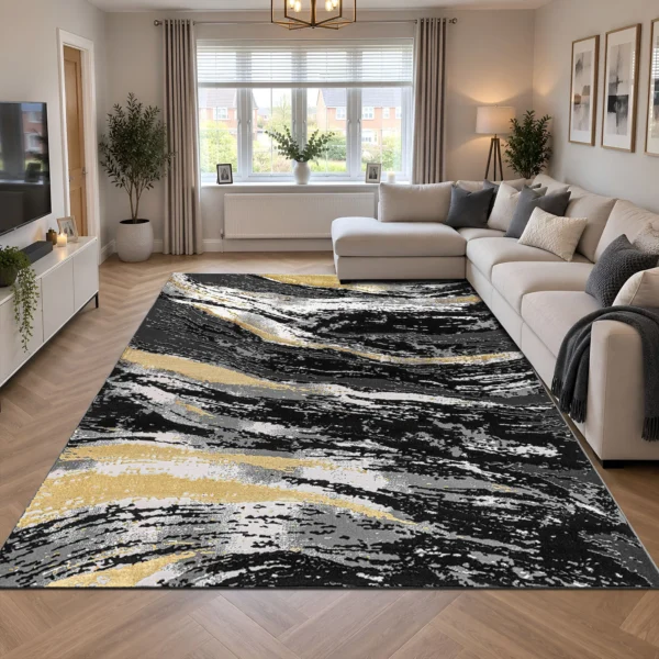 Jeze Abstract Rug Black 240 x 320 cm Jeze Black abstract rug 240 x 320 cm, medium pile with jute backing, in a living room