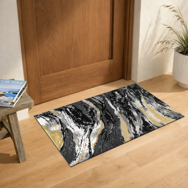 Jeze Abstract Rug Black 60 x 110 cm Jeze Black abstract rug 60 x 110 cm, medium pile with jute backing, in a living room