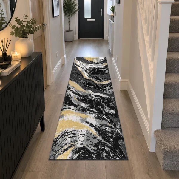 Jeze Abstract Rug Black 60 x 220 cm Jeze Black abstract rug 60 x 220 cm, medium pile with jute backing, in a living room