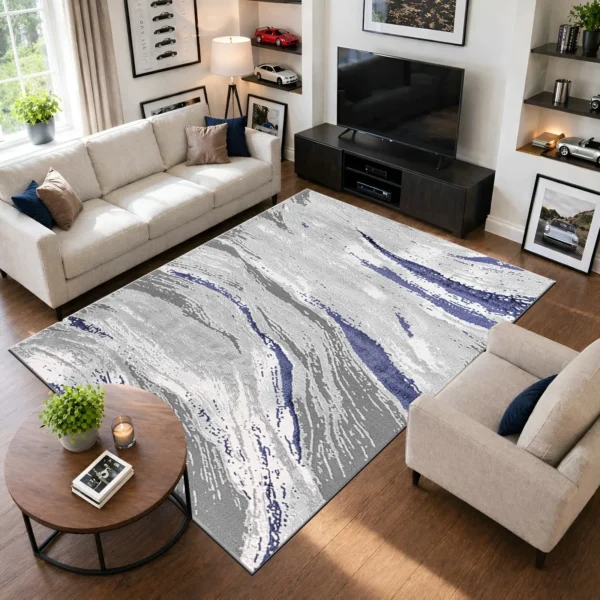 Jeze Abstract Rug Blue 200 x 290 cm Jeze Blue abstract rug 200 x 290 cm, medium pile with jute backing, in a living room