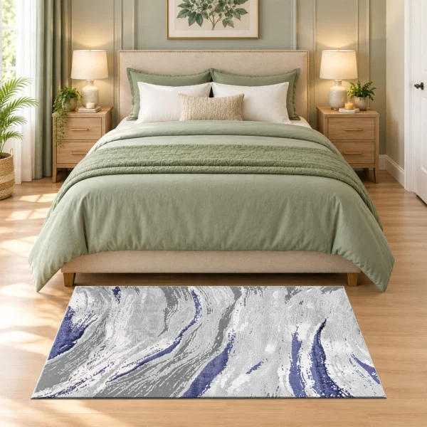 Jeze Abstract Rug Blue 80 x 150 cm Jeze Blue abstract rug 80 x 150 cm, medium pile with jute backing, in a living room