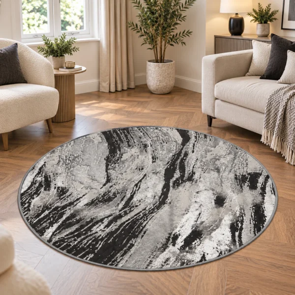 Jeze Abstract Rug Dark Grey 120 x 120 cm Jeze Dark Grey abstract rug 120 x 120 cm, medium pile with jute backing, in a living room