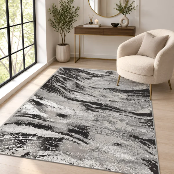 Jeze Dark Grey abstract rug 120 x 170 cm, medium pile with jute backing, in a living room