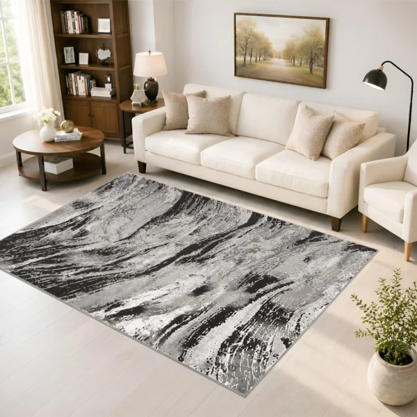 Jeze Abstract Rug Dark Grey 160 x 230 cm Jeze Dark Grey abstract rug 160 x 230 cm, medium pile with jute backing, in a living room