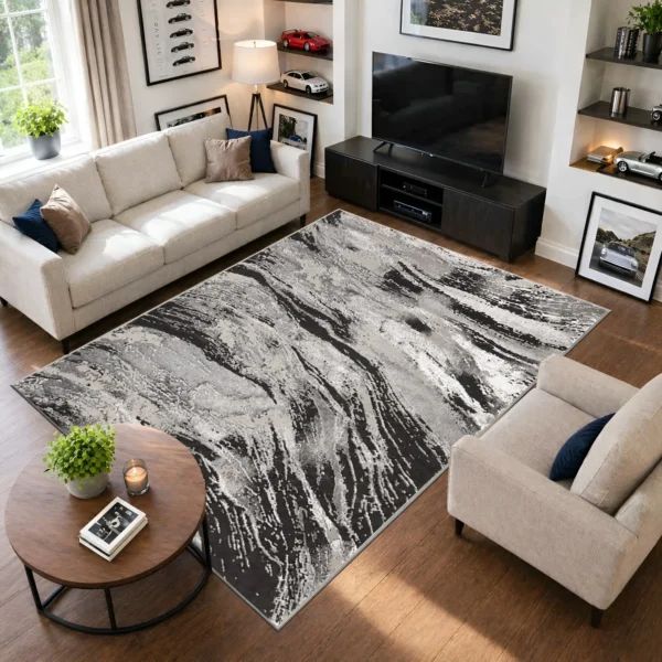Jeze Abstract Rug Dark Grey 200 x 290 cm Jeze Dark Grey abstract rug 200 x 290 cm, medium pile with jute backing, in a living room