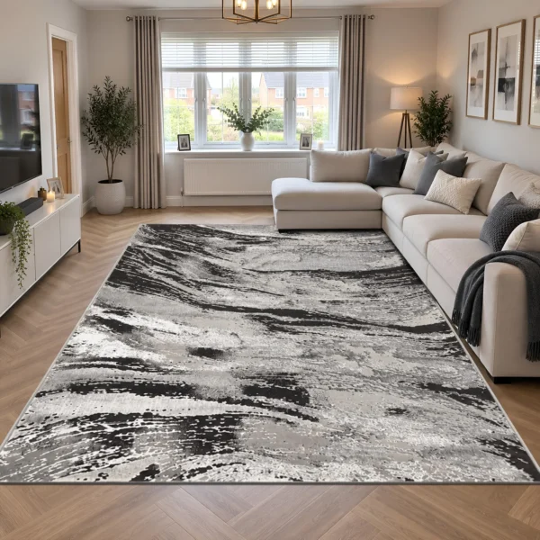Jeze Dark Grey abstract rug 240 x 320 cm, medium pile with jute backing, in a living room