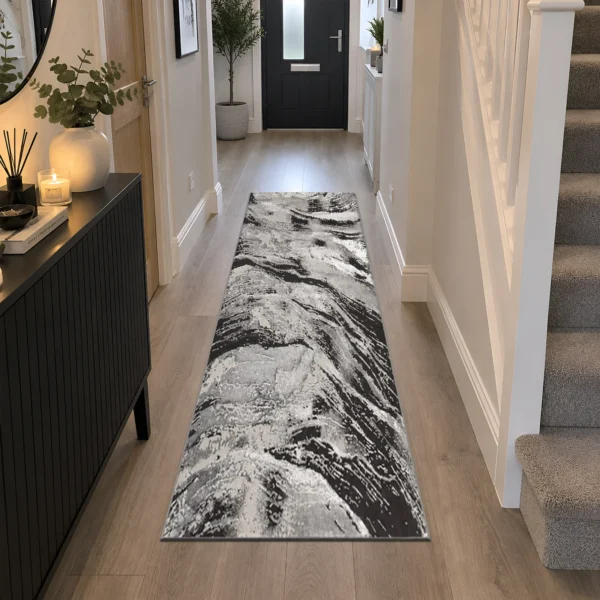 Jeze Dark Grey abstract rug 60 x 220 cm, medium pile with jute backing, in a living room
