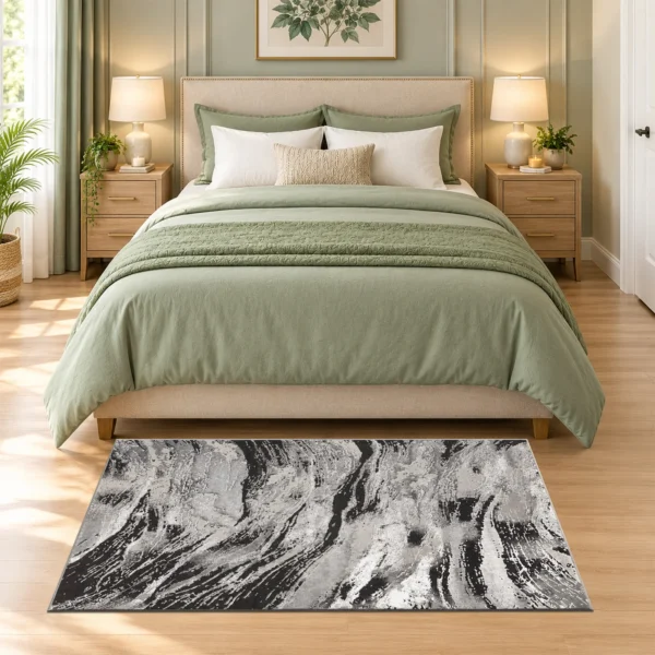 Jeze Abstract Rug Dark Grey 80 x 150 cm Jeze Dark Grey abstract rug 80 x 150 cm, medium pile with jute backing, in a living room
