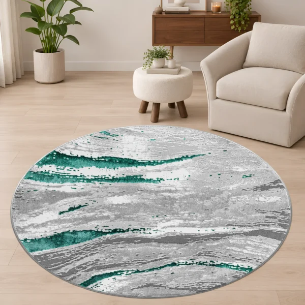 Jeze Abstract Rug Emerald 120 x 120 cm Jeze Emerald abstract rug 120 x 120 cm, medium pile with jute backing, in a living room