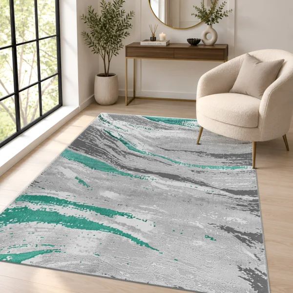 Jeze Emerald abstract rug 120 x 170 cm, medium pile with jute backing, in a living room