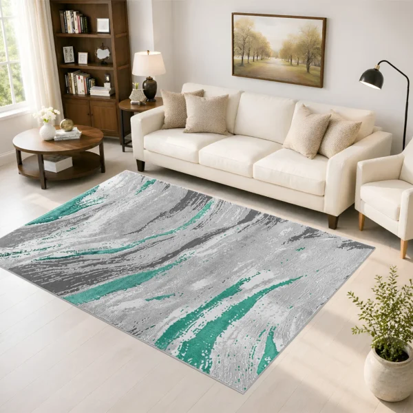 Jeze Emerald abstract rug 160 x 230 cm, medium pile with jute backing, in a living room