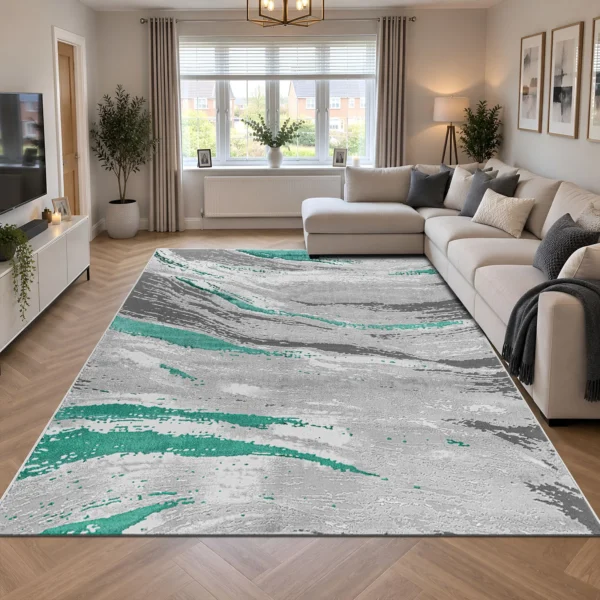 Jeze Abstract Rug Emerald 240 x 320 cm Jeze Emerald abstract rug 240 x 320 cm, medium pile with jute backing, in a living room