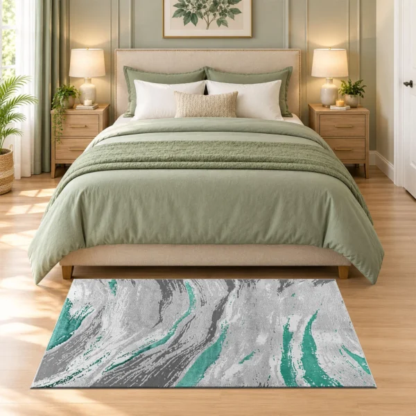 Jeze Emerald abstract rug 80 x 150 cm, medium pile with jute backing, in a living room