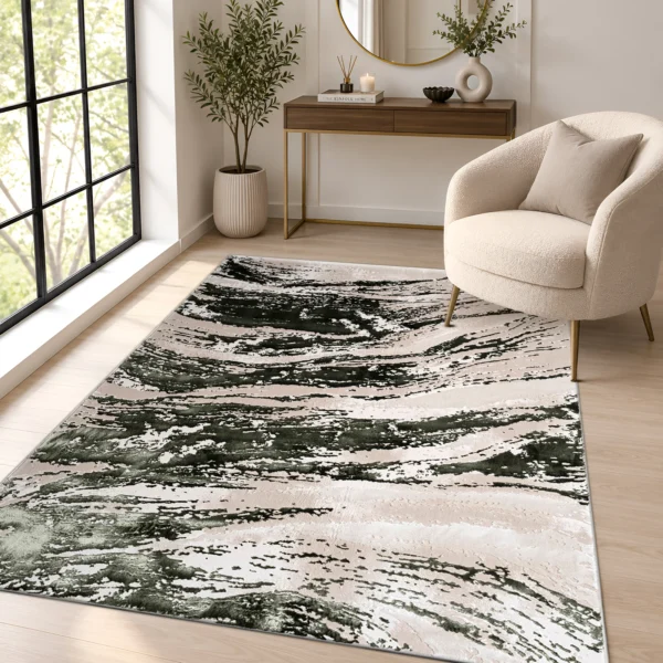 Jeze Green abstract rug 120 x 170 cm, medium pile with jute backing, in a living room