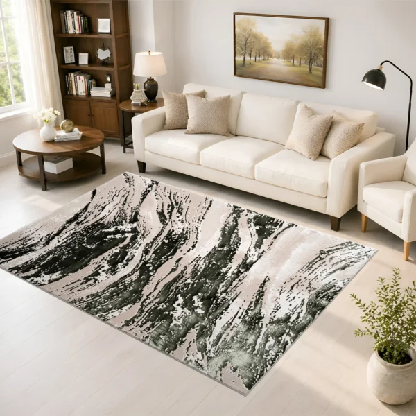 Jeze Abstract Rug Green 160 x 230 cm Jeze Green abstract rug 160 x 230 cm, medium pile with jute backing, in a living room