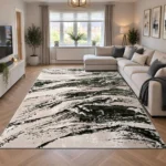 Jeze Green abstract rug 240 x 320 cm, medium pile with jute backing, in a living room