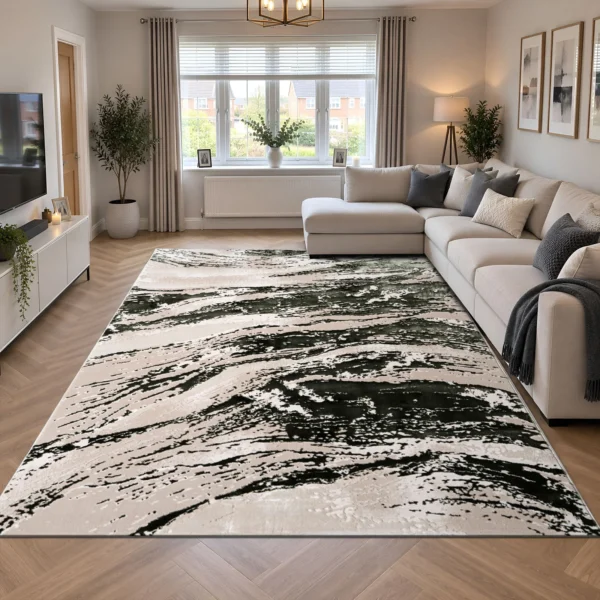 Jeze Green abstract rug 240 x 320 cm, medium pile with jute backing, in a living room