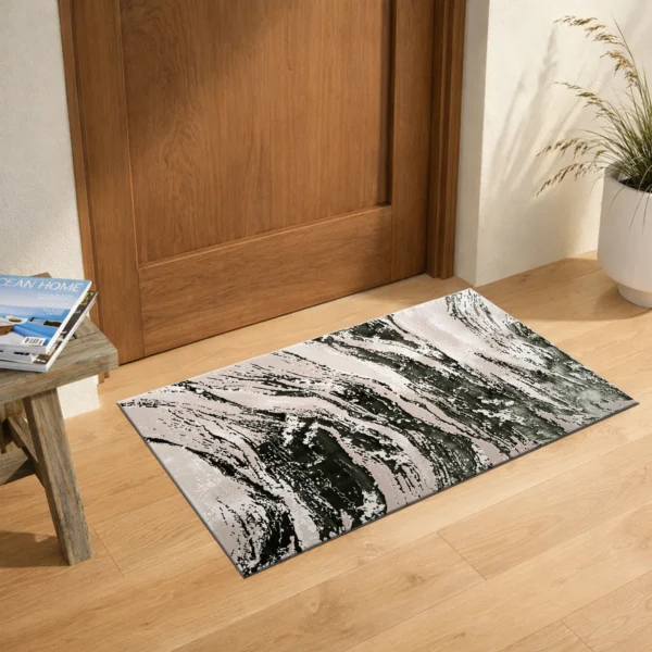 Jeze Green abstract rug 60 x 110 cm, medium pile with jute backing, in a living room