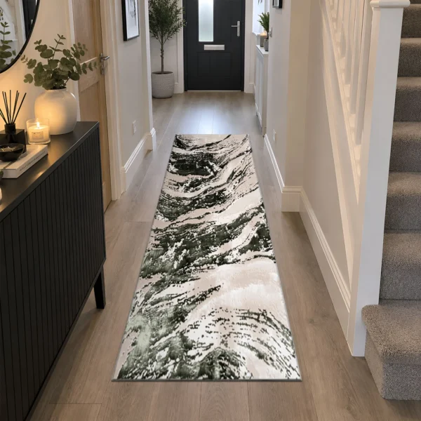 Jeze Green abstract rug 60 x 220 cm, medium pile with jute backing, in a living room