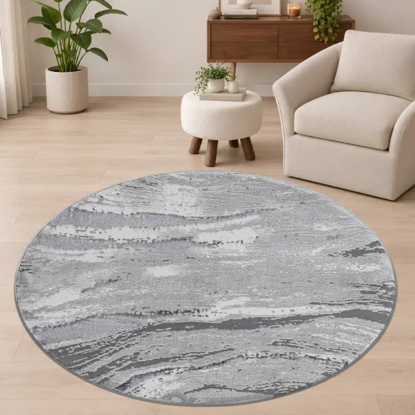 Jeze Abstract Rug Grey 120 x 120 cm Jeze Grey abstract rug 120 x 120 cm, medium pile with jute backing, in a living room