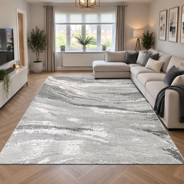 Jeze Abstract Rug Grey 240 x 320 cm Jeze Grey abstract rug 240 x 320 cm, medium pile with jute backing, in a living room