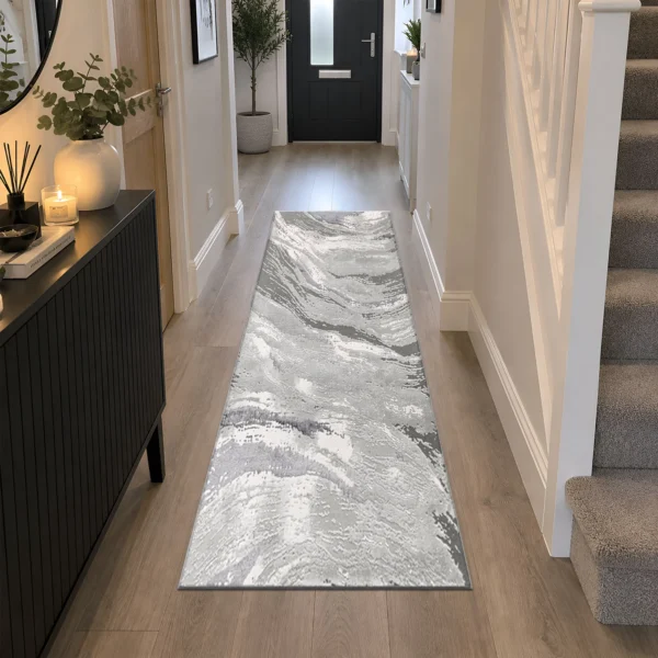 Jeze Abstract Rug Grey 60 x 220 cm Jeze Grey abstract rug 60 x 220 cm, medium pile with jute backing, in a living room