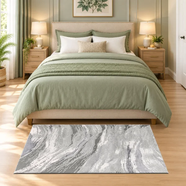 Jeze Grey abstract rug 80 x 150 cm, medium pile with jute backing, in a living room