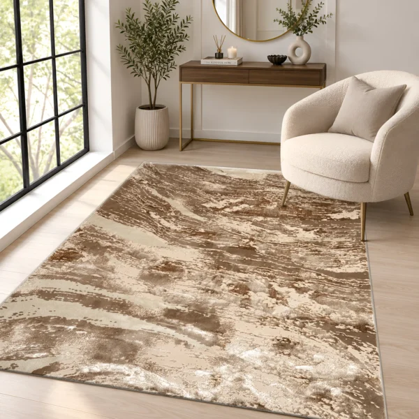 Jeze Abstract Rug Mink 120 x 170 cm Jeze Mink abstract rug 120 x 170 cm, medium pile with jute backing, in a living room