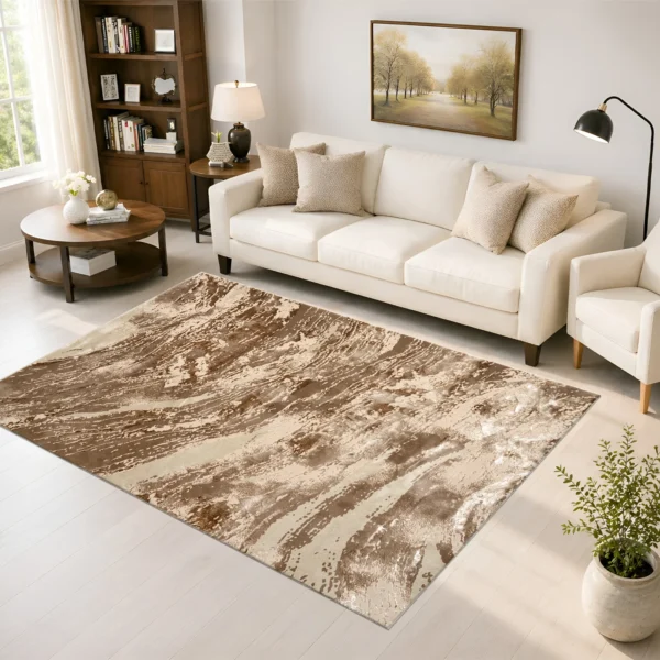Jeze Abstract Rug Mink 160 x 230 cm Jeze Mink abstract rug 160 x 230 cm, medium pile with jute backing, in a living room