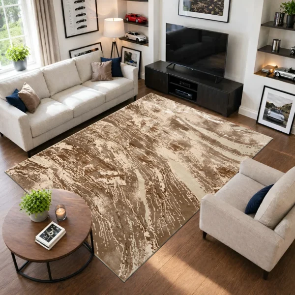 Jeze Abstract Rug Mink 200 x 290 cm Jeze Mink abstract rug 200 x 290 cm, medium pile with jute backing, in a living room