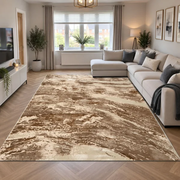 Jeze Mink abstract rug 240 x 320 cm, medium pile with jute backing, in a living room