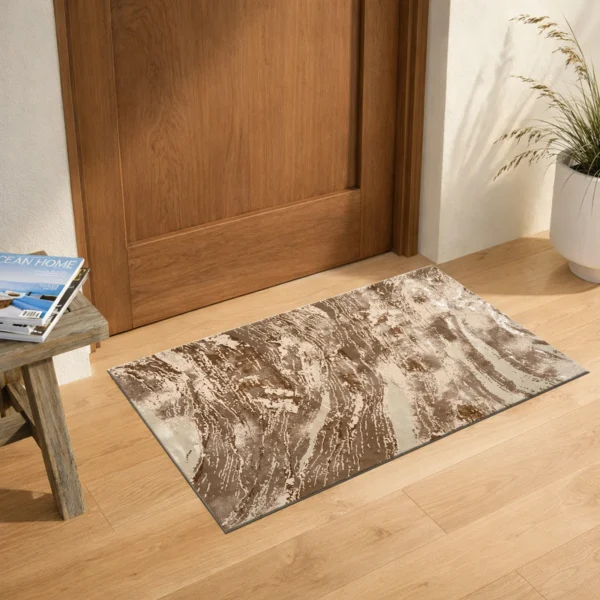 Jeze Mink abstract rug 60 x 110 cm, medium pile with jute backing, in a living room