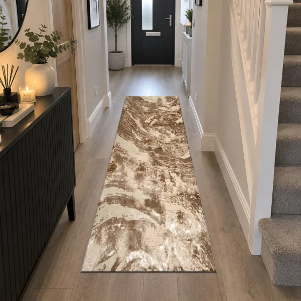 Jeze Mink abstract rug 60 x 220 cm, medium pile with jute backing, in a living room