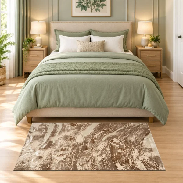 Jeze Mink abstract rug 80 x 150 cm, medium pile with jute backing, in a living room