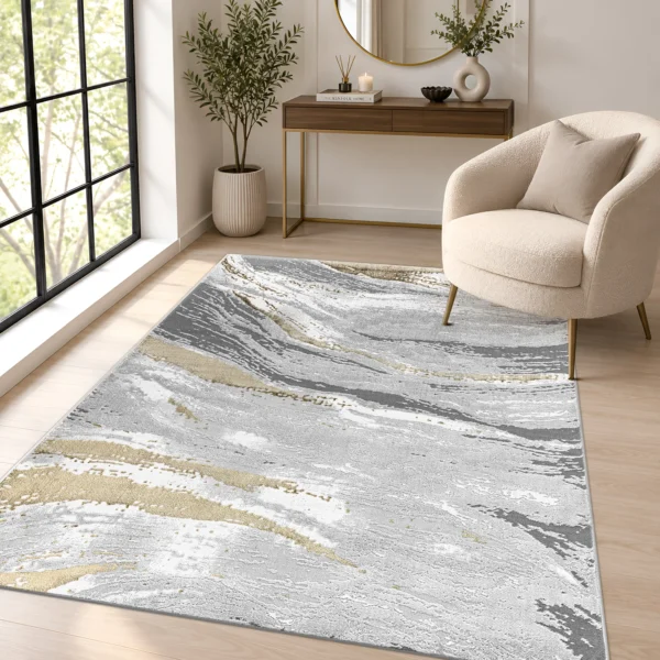 Jeze Abstract Rug Ochre 120 x 170 cm Jeze Ochre abstract rug 120 x 170 cm, medium pile with jute backing, in a living room