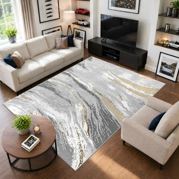 Jeze Abstract Rug Ochre 200 x 290 cm Jeze Ochre abstract rug 200 x 290 cm, medium pile with jute backing, in a living room