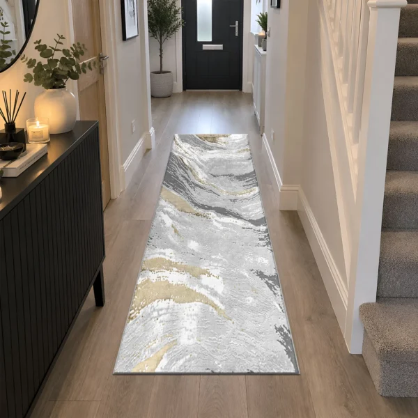 Jeze Abstract Rug Ochre 60 x 220 cm Jeze Ochre abstract rug 60 x 220 cm, medium pile with jute backing, in a living room