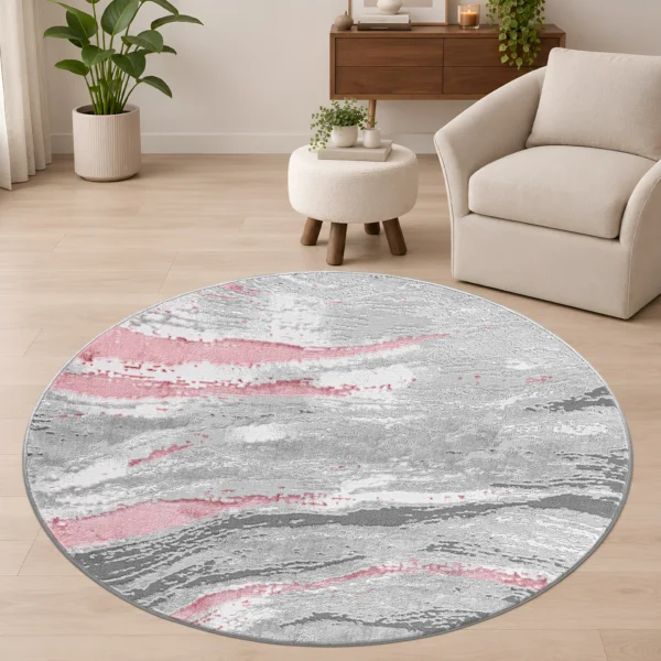 Jeze Pink abstract rug 120 x 120 cm, medium pile with jute backing, in a living room