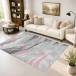 Jeze Pink abstract rug 160 x 230 cm, medium pile with jute backing, in a living room