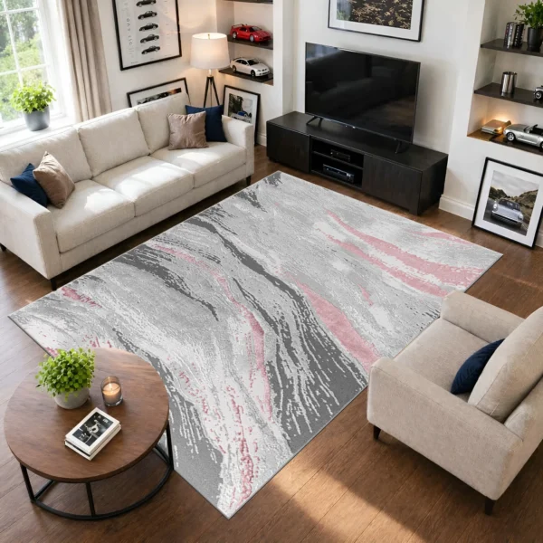 Jeze Pink abstract rug 200 x 290 cm, medium pile with jute backing, in a living room