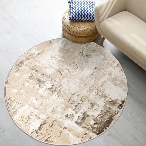 Beige modern abstract rug 120 x 120 cm, low pile with jute backing, in a living room