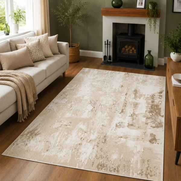 Beige modern abstract rug 120 x 170 cm, low pile with jute backing, in a living room