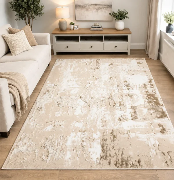 Beige modern abstract rug 160 x 230 cm, low pile with jute backing, in a living room