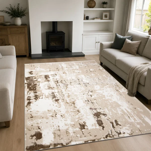 Modern Abstract Rug Beige 200 x 290 cm Beige modern abstract rug 200 x 290 cm, low pile with jute backing, in a living room