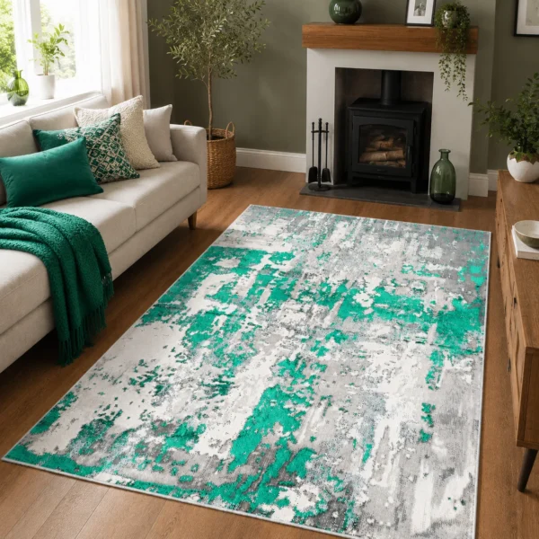 Modern Abstract Rug Emerald 120 x 170 cm Emerald modern abstract rug 120 x 170 cm, low pile with jute backing, in a living room