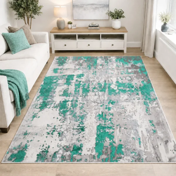 Modern Abstract Rug Emerald 160 x 230 cm Emerald modern abstract rug 160 x 230 cm, low pile with jute backing, in a living room